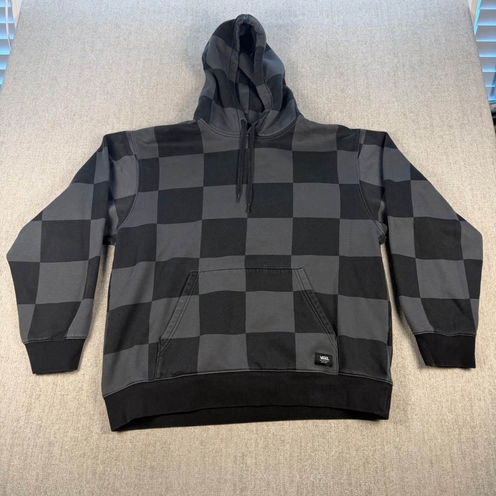 Vans Hoodie Mens XL Black Grey Checkerboard Pullover Fleece Sweatshirt